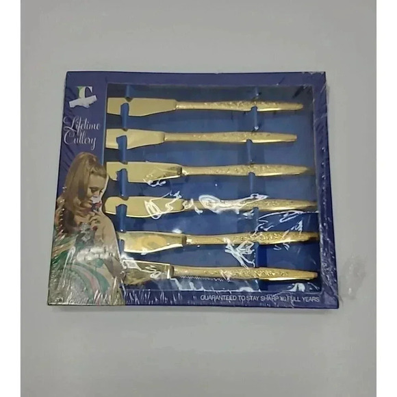 Vintage New Old Stock Lifetime Cutlery Golden Banquet Dinner Knives Set of 5 - Picture 2 of 5
